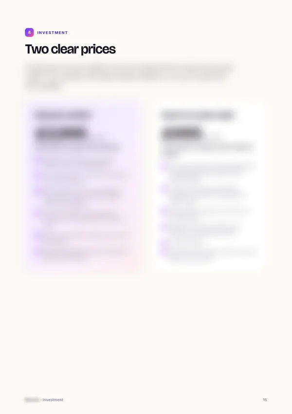 The fixed prices in a proposal for a family bakery, partly blurred