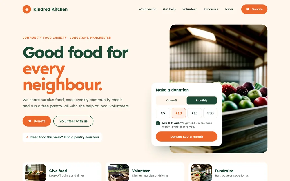 The homepage of a charity’s website, with a monthly donation form and Gift Aid