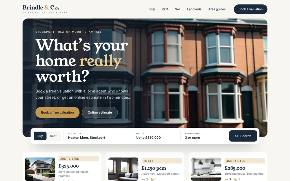 The homepage of an estate agent’s website, with a valuation button, a property search and new listings
