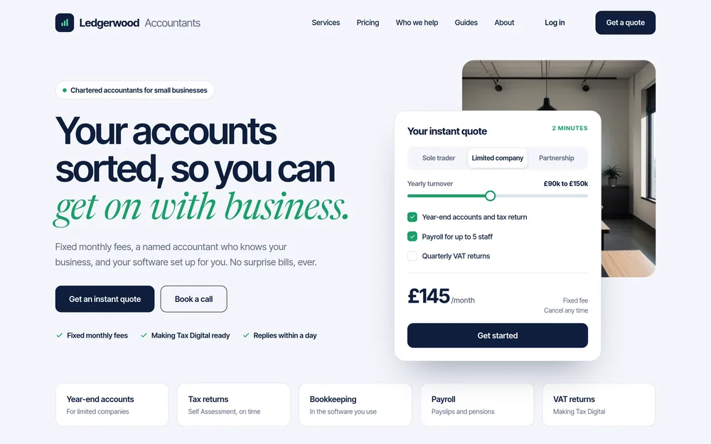 The homepage of an accountant’s website, with an instant quote calculator