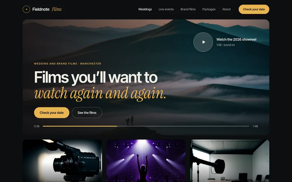 The homepage of a videographer’s website, with a showreel and films sorted by type