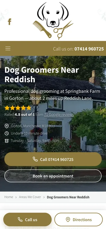 An area page on a phone, with call and directions buttons